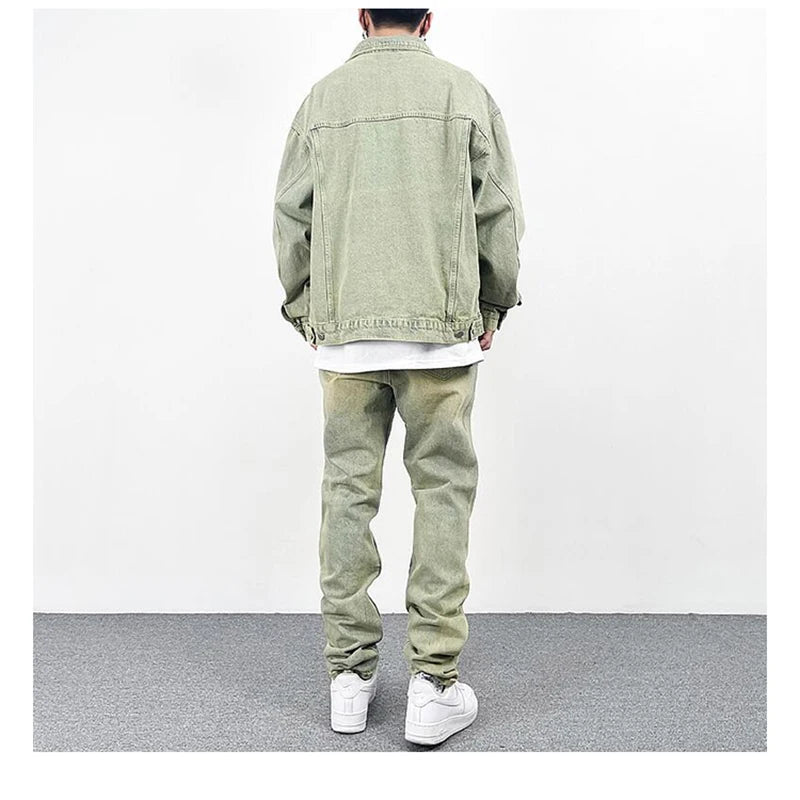 High Street Washed Hole Frayed Yellow Mud Jeans Men's Harajuku Retro Straight Pockets Solid Color Baggy Casual Denim Trousers