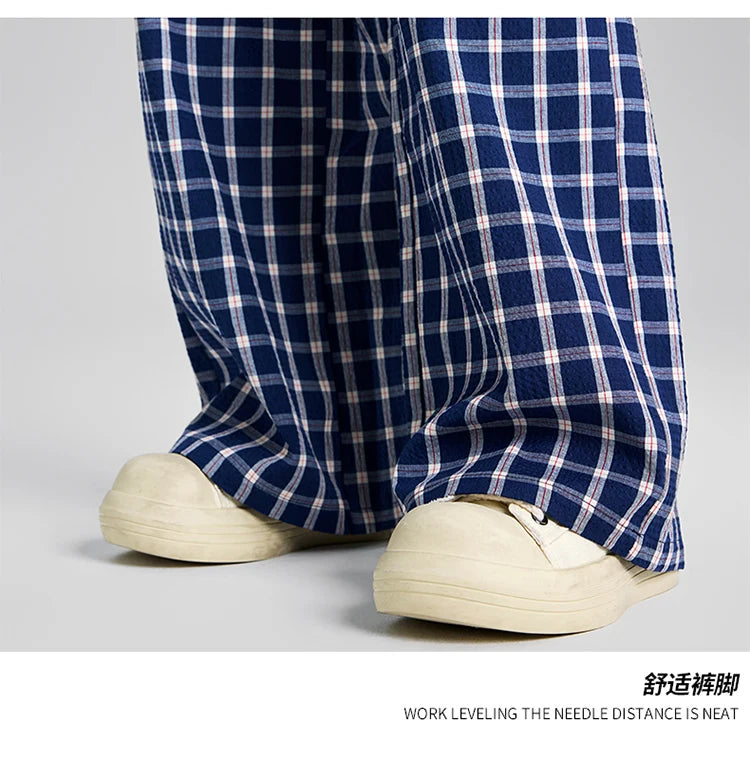 men women american streetwear fashion loose plaid wide leg straight pant boyfriend button down sports casual pants trousers unique default style 1441