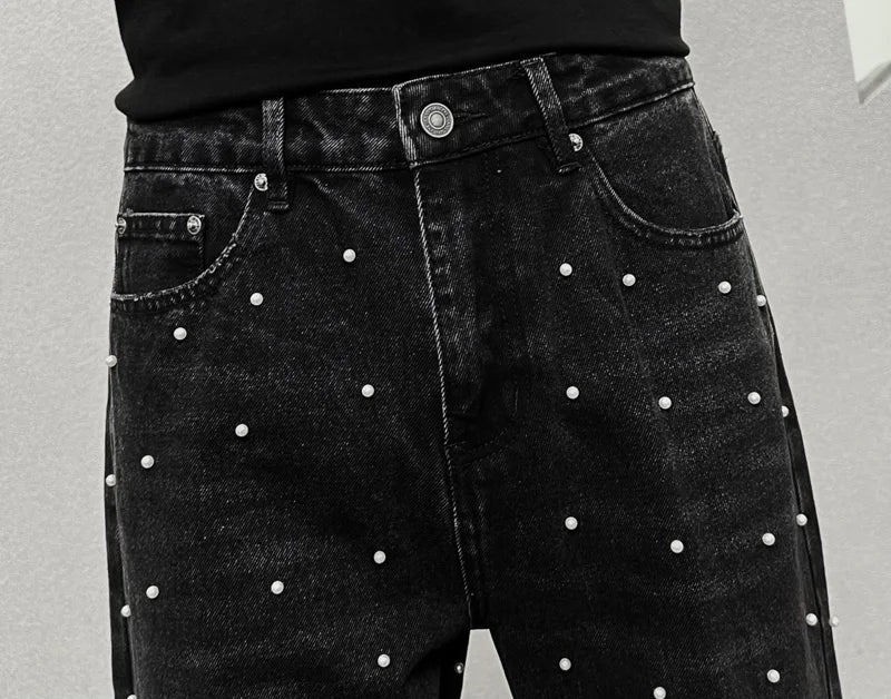 men bead streetwear fashion hip hop vibe loose casual wide leg straight denim jeans baggy pant man boyfriend jeans trousers unique jeans style 2990