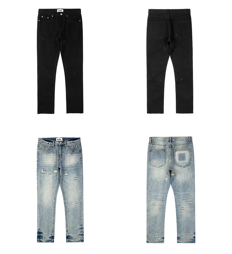original tie dyed ripped flared denim jean for men streetwear washed hole casual stacked jeans pants mens slim fit jeans 2023 unique jeans style 3752