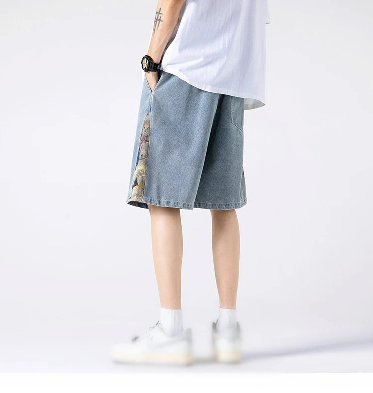 denim shorts mens trendy streetwear washed shorts side embroidery patchwork jeans shorts casual track pants unique jeans style 3280