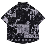 Men Hawaiian Shirt Retro Floral Print Short Sleeve Blouse Hong Kong Style Summer Beach Vacation Tops Casual Loose Shirt Black