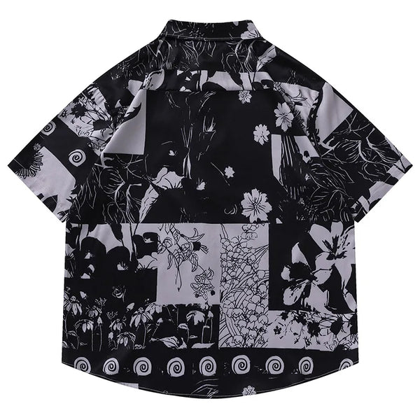 Men Hawaiian Shirt Retro Floral Print Short Sleeve Blouse Hong Kong Style Summer Beach Vacation Tops Casual Loose Shirt Black