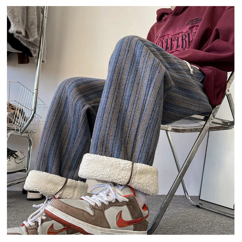 high quality stripe plaid mens trousers baggy straight fashion classic padded autumn winter casual pants male plus size m 8xl unique default style 1192