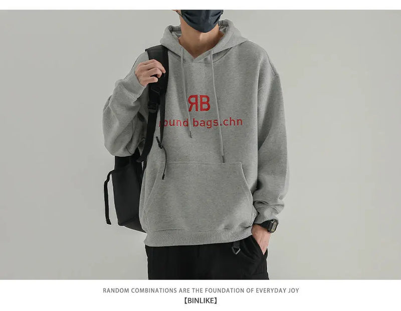 Fashionable Korean Personalized Hooded Sweatshirt Men's Letter Autumn and Winter Tops Japanese Casual Loose Pullover Jacket Tops