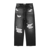 retro black blue straight oversized washed torn jeans solid color ripped jeans baggy hip hop destroyed men wide leg jeans pant stacked flare jeans