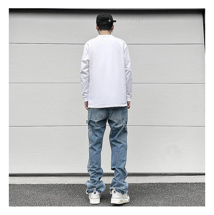 patchwork design denim flare jeans pants men casual zipper straight biker trousers jeans fashion streetwear hip hop jean joggers unique joggers style 2605