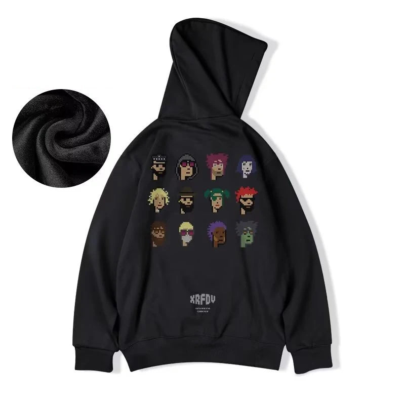 Funny Pixel Figure Graphic Hoodies For Men Autumn Y2K Streetwear Pullover