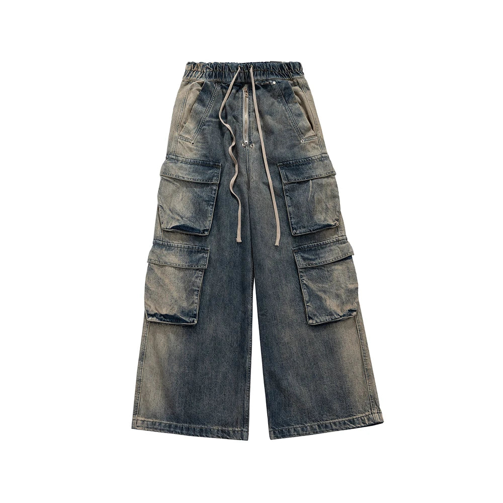 RO Style Gradient Ribbons Multi-pockets Drawstring Jeans for Men Harajuku Streetwear Baggy Y2K Denim Trousers Oversized Cargos