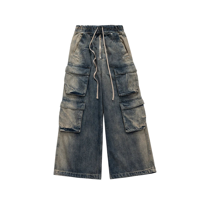 RO Style Gradient Ribbons Multi-pockets Drawstring Jeans for Men Harajuku Streetwear Baggy Y2K Denim Trousers Oversized Cargos
