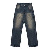 mens retro washed denim jeans loose straight pants 2023 new fashion streetwear trousers hip hop casual zipper jean pants joggers unique joggers style 2478