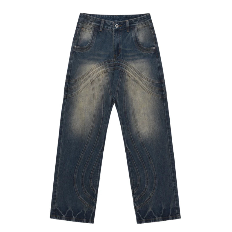 mens retro washed denim jeans loose straight pants 2023 new fashion streetwear trousers hip hop casual zipper jean pants joggers unique joggers style 2478