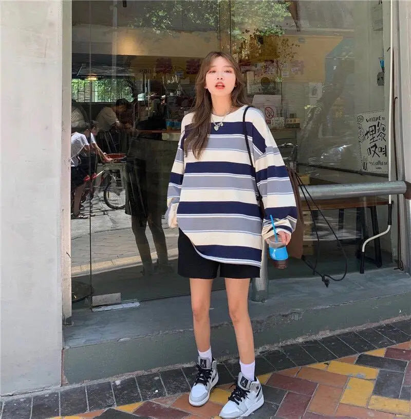 Harajuku Vintage print – Women T Shirts Striped Sweatshirt Thin Tops 2024 Spring Wome