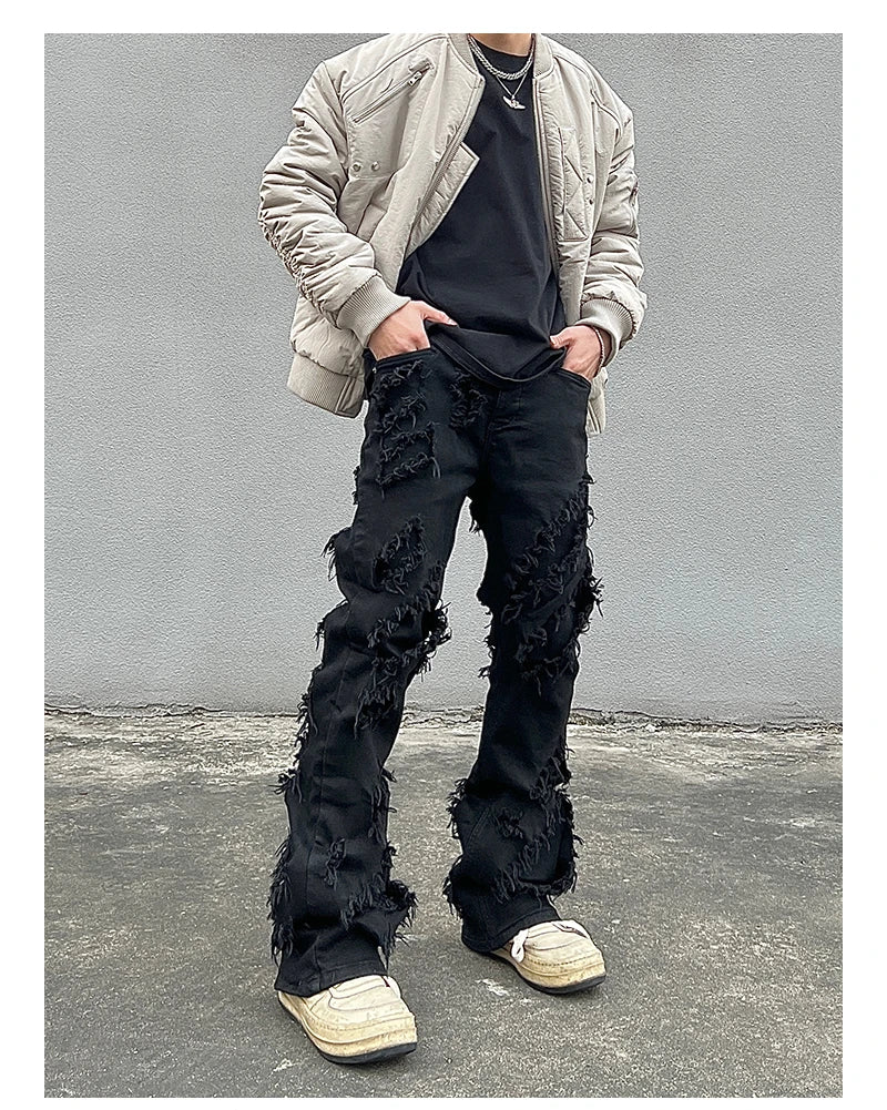 mens distressed ripped destroied tassel denim jean pants new fashion biker jeans streetwear flare pants joggers y2k men s jeans unique joggers style 3993