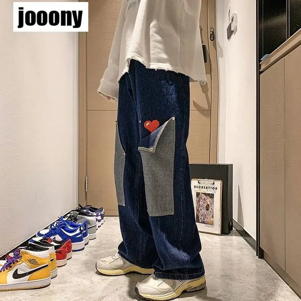 men jeans patchwork multi pocket couple denim pants beggar style cargo pants high street casual male streetwear utility cargo pants