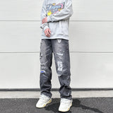 high street black washed straight jeans lowrise hip hop ripped jeans pants for men baggy vintage fashion wide denim pants women unique jeans style 5356