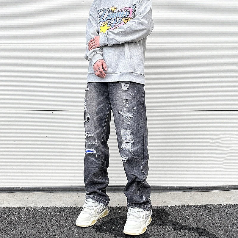 high street black washed straight jeans lowrise hip hop ripped jeans pants for men baggy vintage fashion wide denim pants women unique jeans style 5356