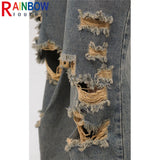 rainbowtouches 2022 men washed jeans vintage high street hole design fashion jeans popular loose straight hip hop long pants unique jeans style 4953