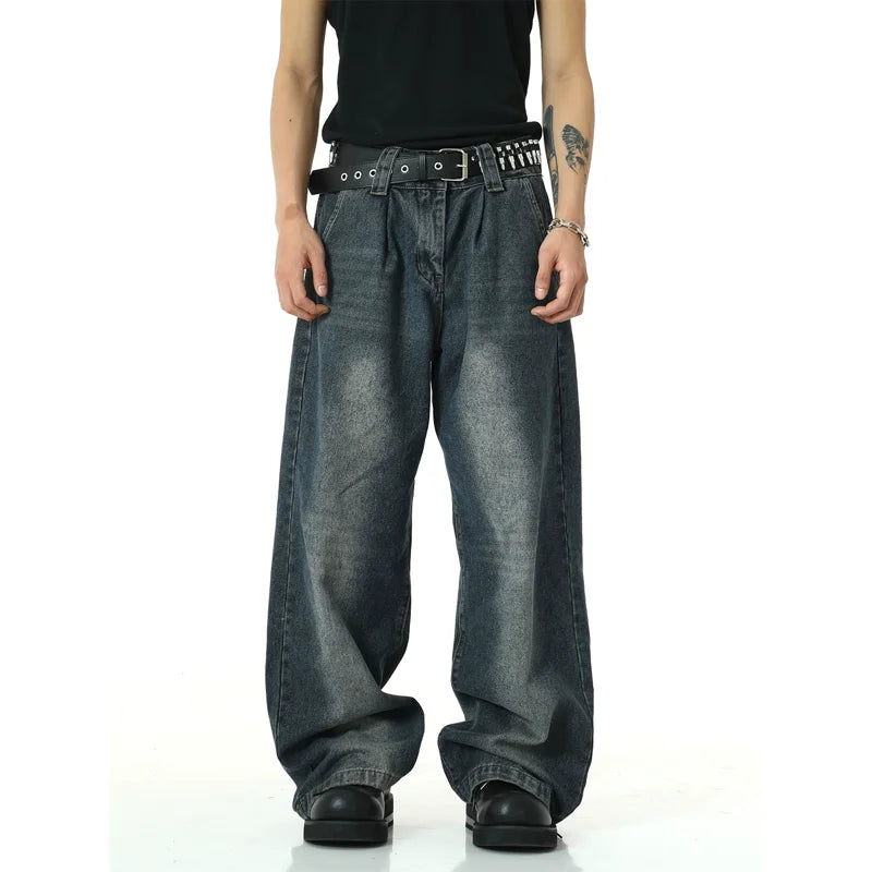 mens high street loose denim jeans unisex casual straight zipper jeans hip hop streetwear casual wide legs joggers baggy jeans unique joggers style 604