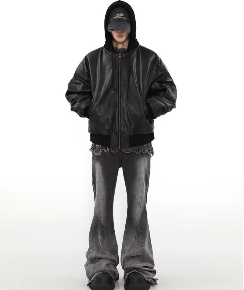 Winter American Fake Two Pieces Parkas Mens Heavy Weight Thicken Hip Hop PU Leather Cotton Jacket Trend Loose Motorcycle Coats