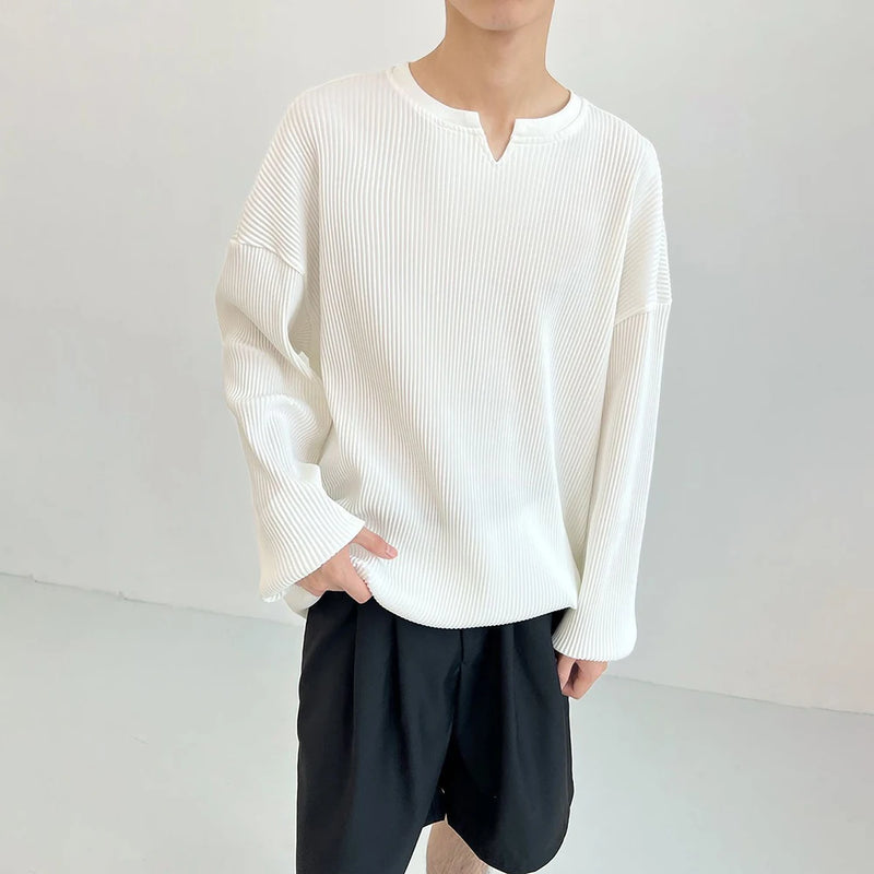 Y2k Graphic tee – Mens V Neck Pleated Long Sleeved T Shirt Autumn Trend Loose