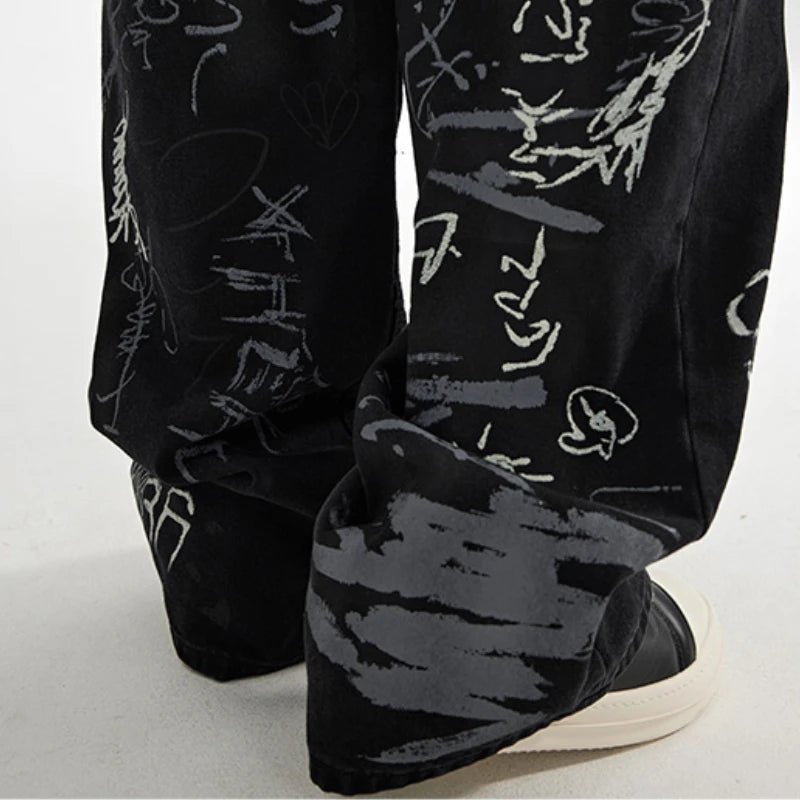 fashion graffiti printed denim jeans men unisex casual zipper wide legs straight jeans streetwear hip hop baggy pants joggers unique joggers style 5092