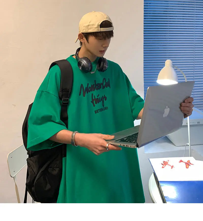 Korean style new Hong Kong style trendy letter printed short-sleeved trend loose and versatile casual couple half-sleeved top