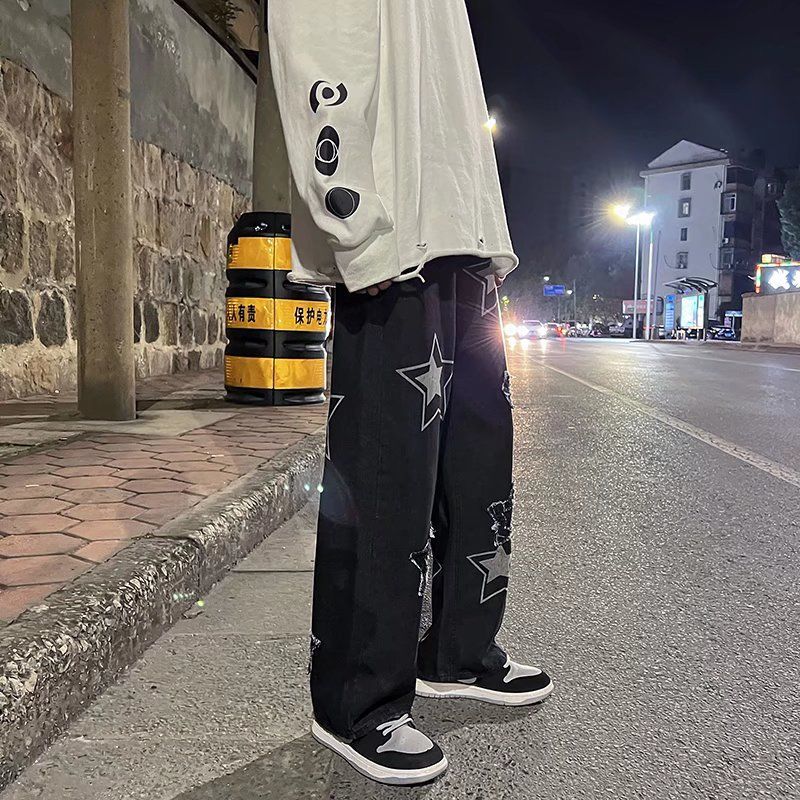 2023 autumn new light luxury fashion jeans men loose european and american style wide leg trousers boutique clothing simplestyle unique jeans style 3876