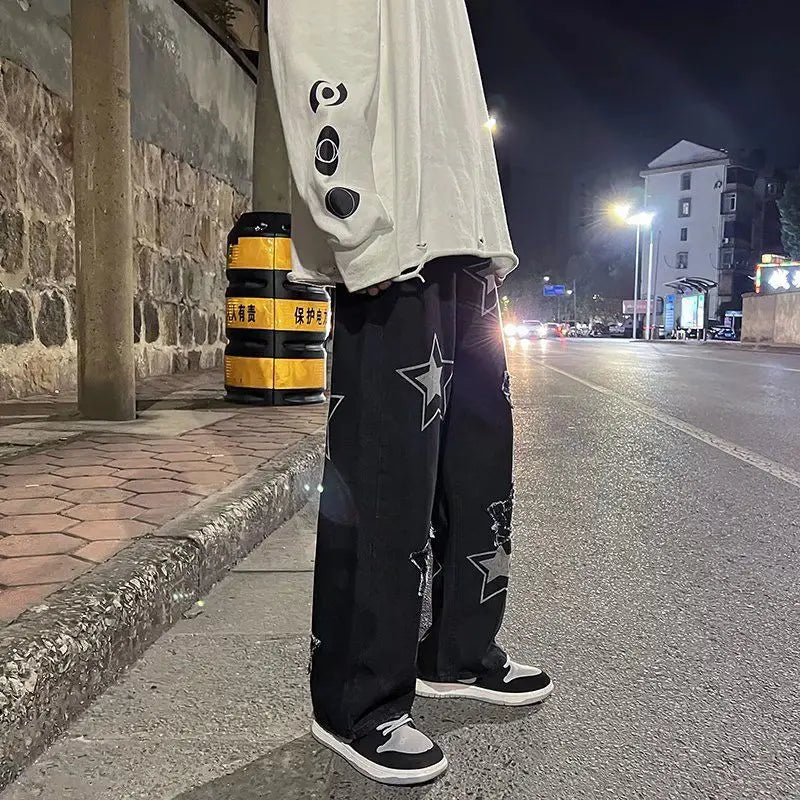 2023 autumn new light luxury fashion jeans men loose european and american style wide leg trousers boutique clothing simplestyle ripped baggy denim
