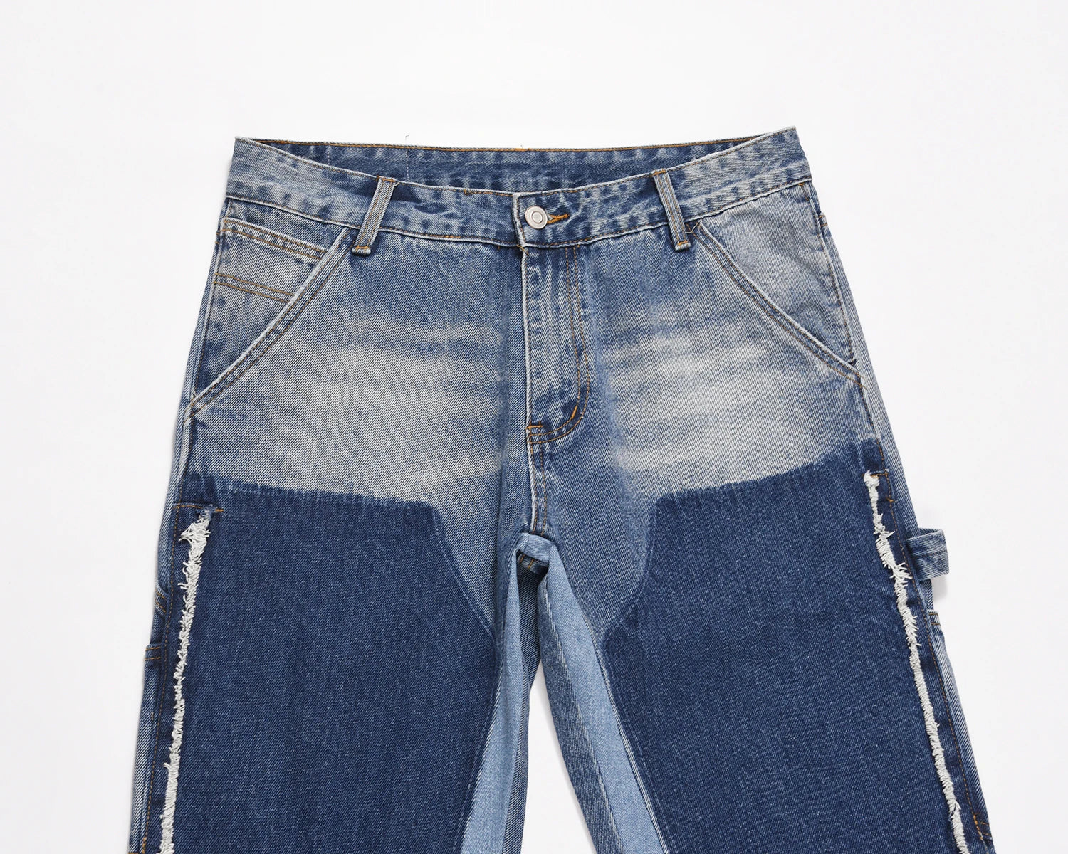high street fashion contrast straight tube micro flared jean horn pant washing mens tassel vintage patchwork wide denim jeans unique jeans style 5012