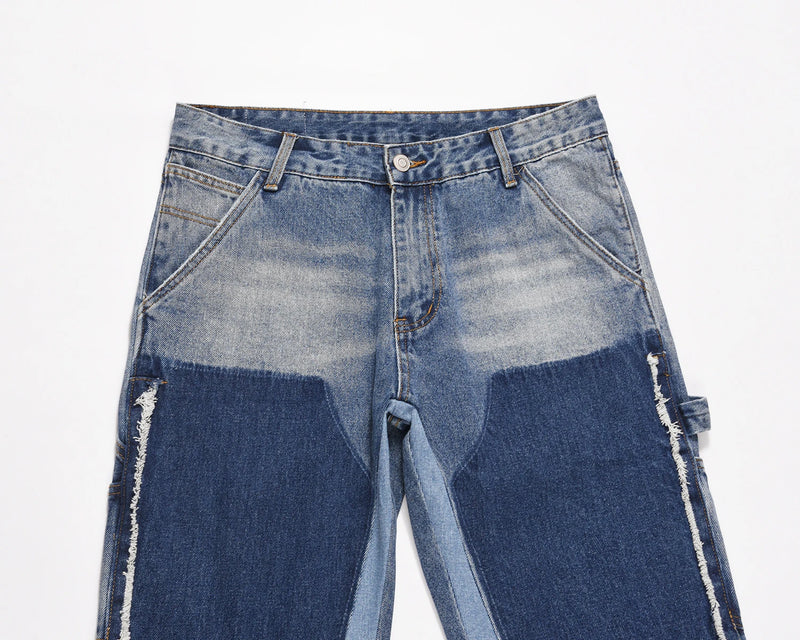high street fashion contrast straight tube micro flared jean horn pant washing mens tassel vintage patchwork wide denim jeans unique jeans style 5012