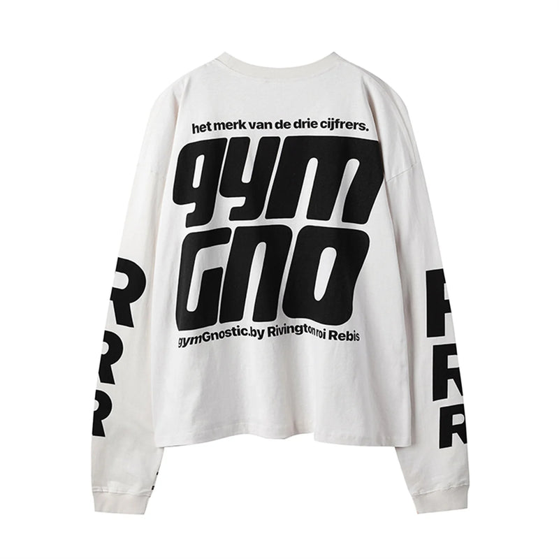 2024 Summer And Spring 123 Letter Print GYMGNO Graffiti Slogan Worn Retro Long Sleeve T Shirt Pullover Sweatshirt