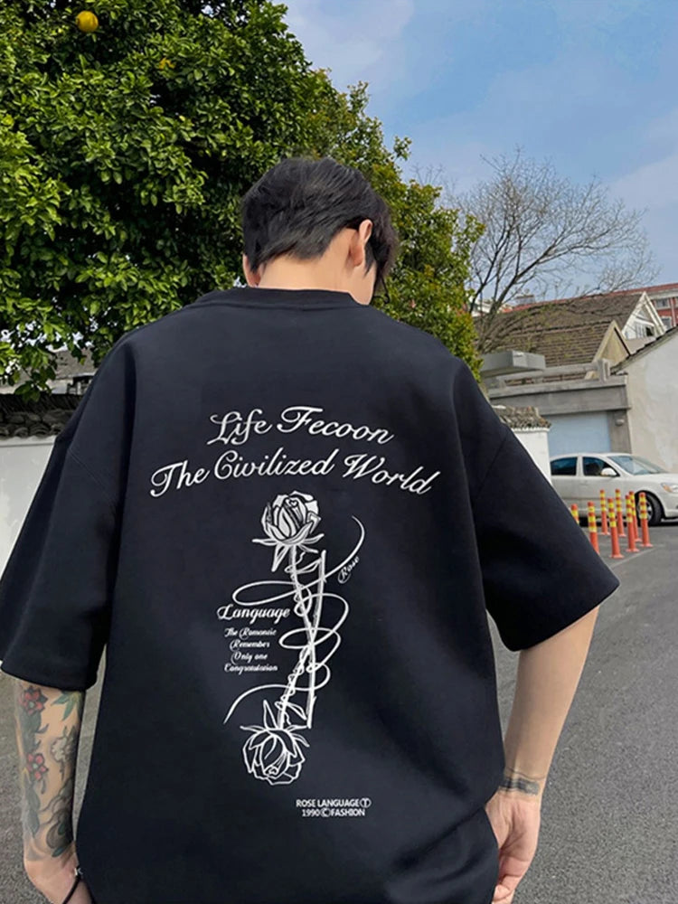 Y2k Angelcore design – Gothic Letter Rose Printed T Shirt Men Hip Hop Fashion Overs