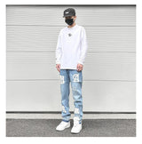 letters patckwork bottom ripped denim jeans men casual straight biker trousers fashion streetwear hip hop jean pants joggers unique joggers style 3729