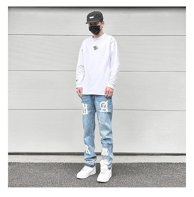 letters patckwork bottom ripped denim jeans men casual straight biker trousers fashion streetwear hip hop jean pants joggers unique joggers style 3729