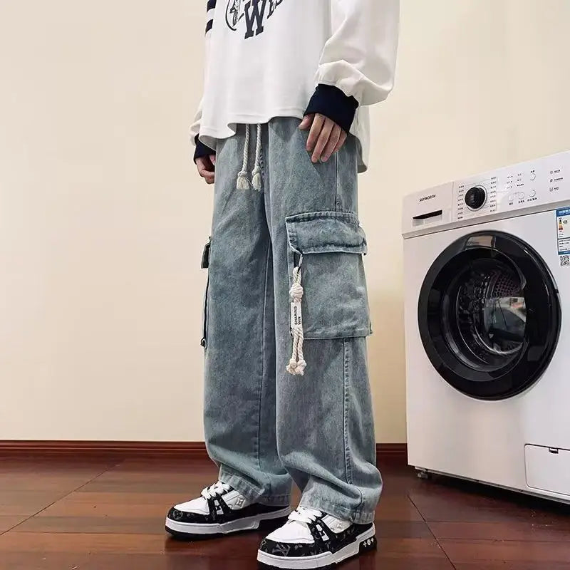 american retro and personalized straight leg jeans for men and women with hiphop big pocket design work pants loose casual pants unique jeans style 777