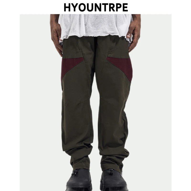 hip hop pants retro cargo straight pants mens patchwork side zipper harajuku streetwear joggers men casual loose cotton trousers sporty tapered joggers