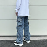 fashion loose streetwear cargo denim jeans unisex casual multi pocket wide legs jean pants hip hop joggers mens baggy jeans unique joggers style 2967
