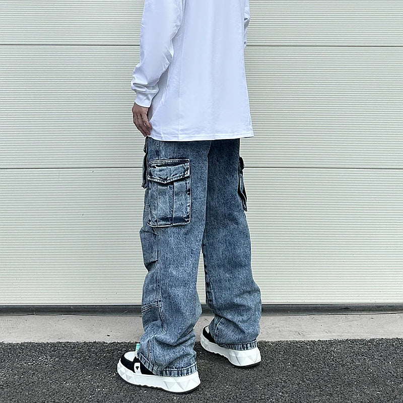 fashion loose streetwear cargo denim jeans unisex casual multi pocket wide legs jean pants hip hop joggers mens baggy jeans unique joggers style 2967
