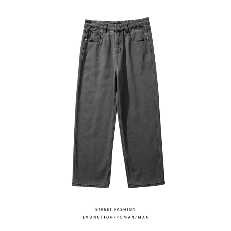 korean fashion mens baggy jeans classic all match solid color straight leg denim wide leg pants male light blue grey black unique jeans style 1128