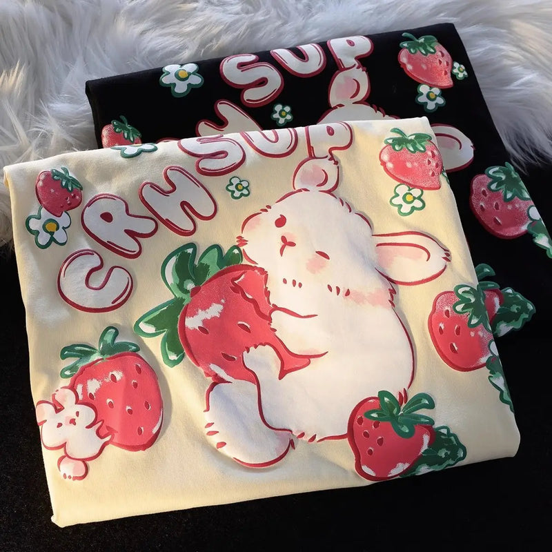 Cyberpunk Oversized shirt – Cute Cartoon Rabbit Strawberry Fruit Print T Shirts Student