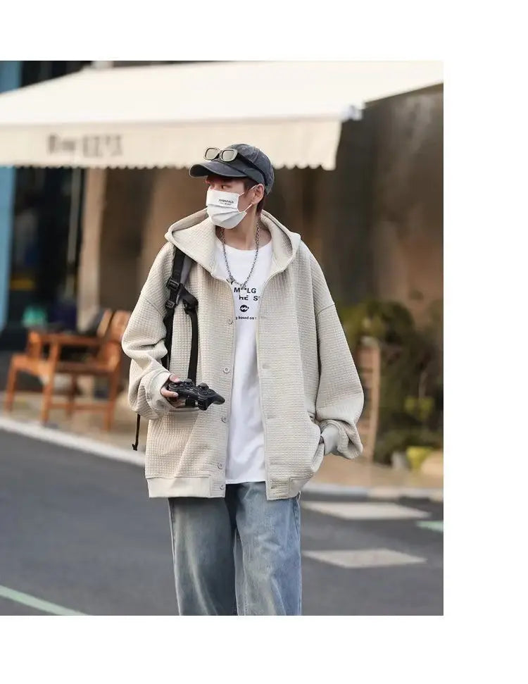 Korean Retro Y2K Waffle Hooded Jacket for Men and Women Ins Harajuku Style Casual Loose