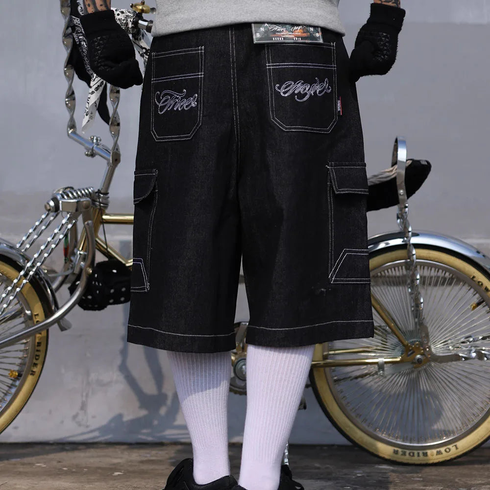 y2k streetwear multi pockets embroidery washed summer jeans shorts for men wide leg baggy casual denim over knee length pants unique jeans style 4742
