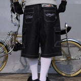 y2k streetwear multi pockets embroidery washed summer jeans shorts for men wide leg baggy casual denim over knee length pants unique jeans style 4742