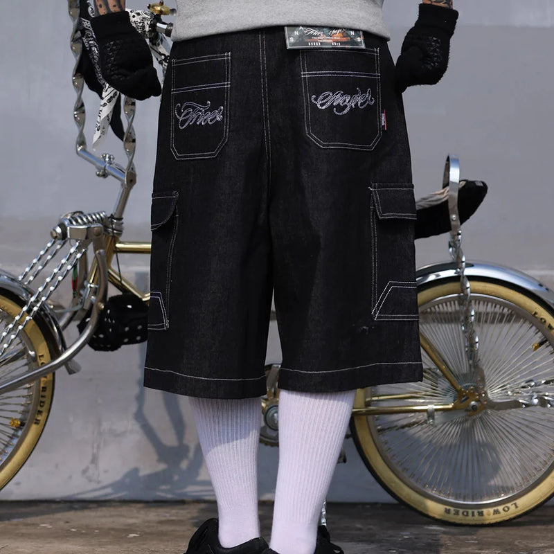 y2k streetwear multi pockets embroidery washed summer jeans shorts for men wide leg baggy casual denim over knee length pants unique jeans style 4742