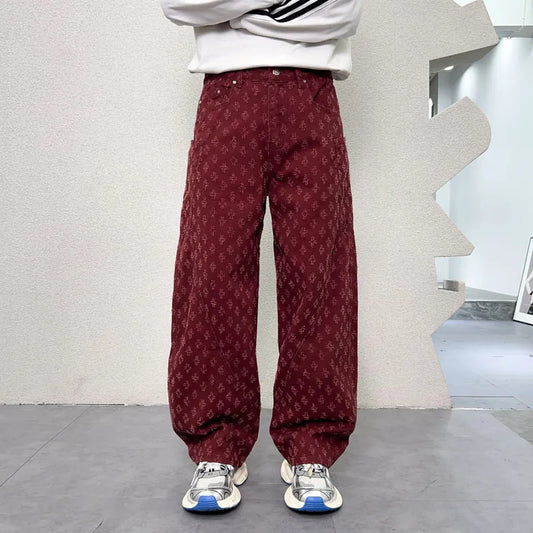 men brand fashion wash jacquard denim splice pocket loose casual wide leg baggy jeans cityboy cargo jeans pants trousers military streetwear pants
