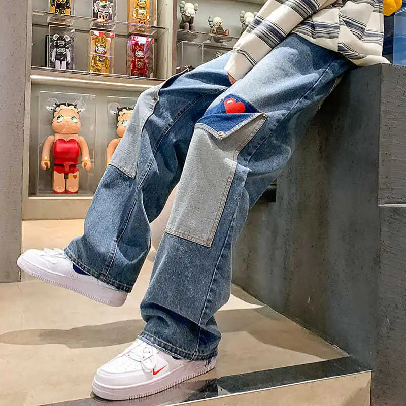 men jeans patchwork multi pocket couple denim pants beggar style cargo pants high street casual male streetwear unique cargo style 2413