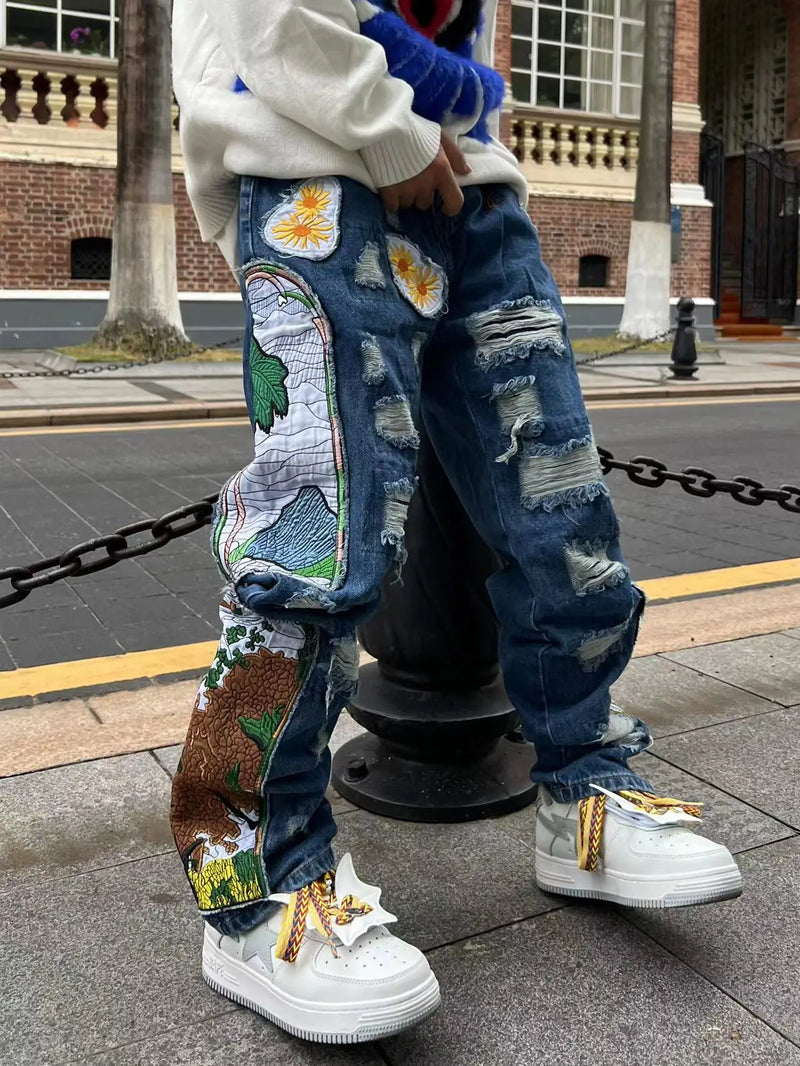 harajuku fashion embroidered patches straight denim pants hip hop washed torn jeans black blue patchwork y2k jeans baggy men unique jeans style 1552