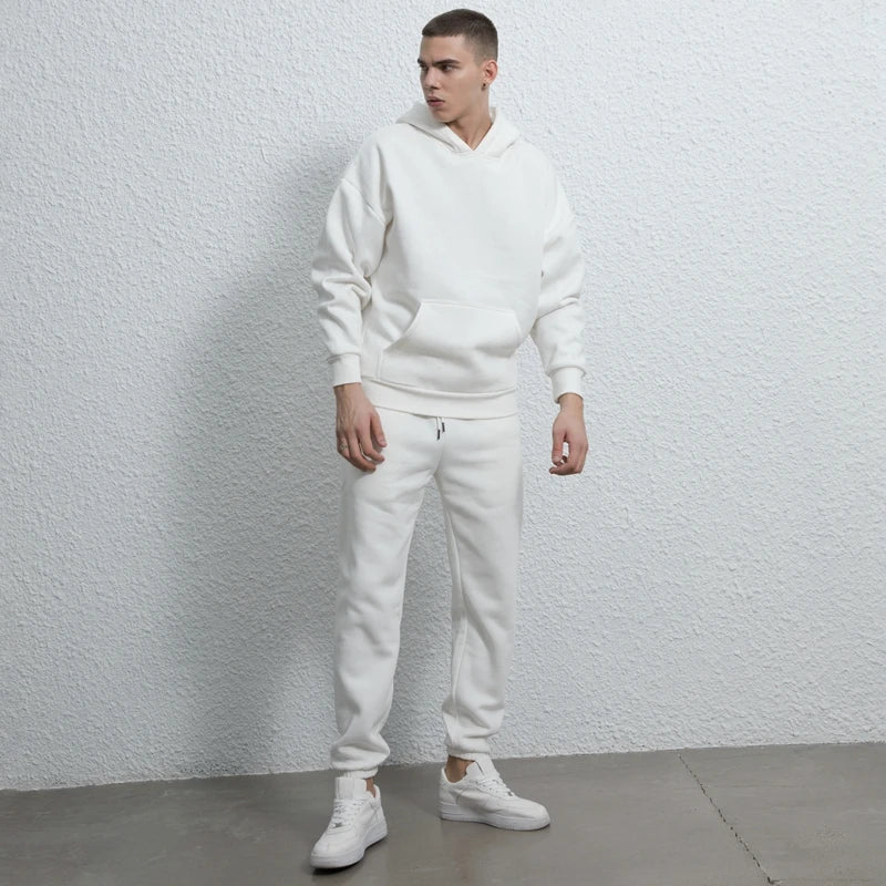 rainbowtouches quality pure cotton 2 piece couple hoodie solid color hip hop casual sportswear pullover mens pants plush minimalist street pants