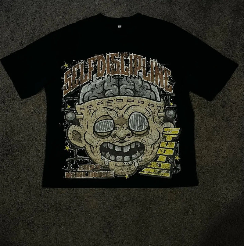 Y2k Street Hip Hop Big Head Grimace Graphic Print Extra Large Men's Retro Gothic Fashion Casual Loose Round Neck Bottoming Top
